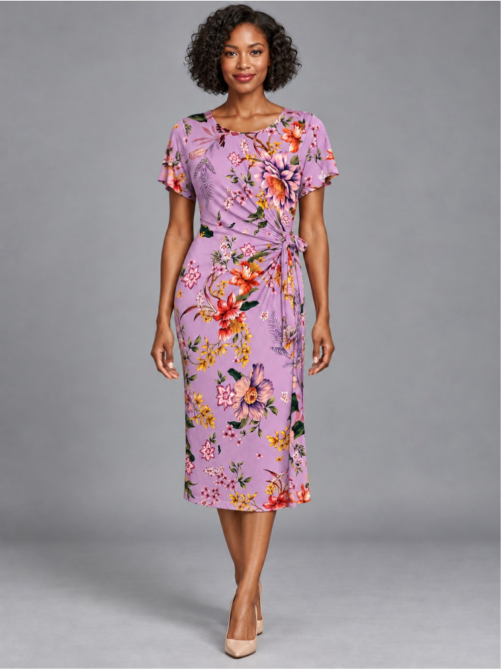 Johnny Was Janie Favorite Willa Lavender Floral Side Tie Midi Dress Small